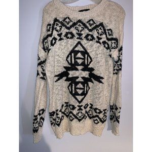 Women’s Tribal Print Oversized Sweater Tan Beige Black Size Small
